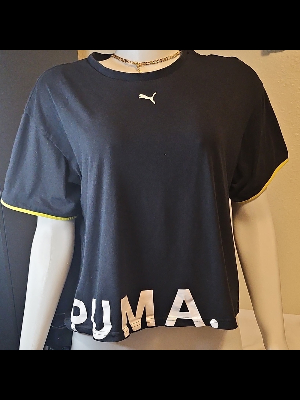 Puma Black Short Sleeve Logo Crop Tee with Yellow Trim
